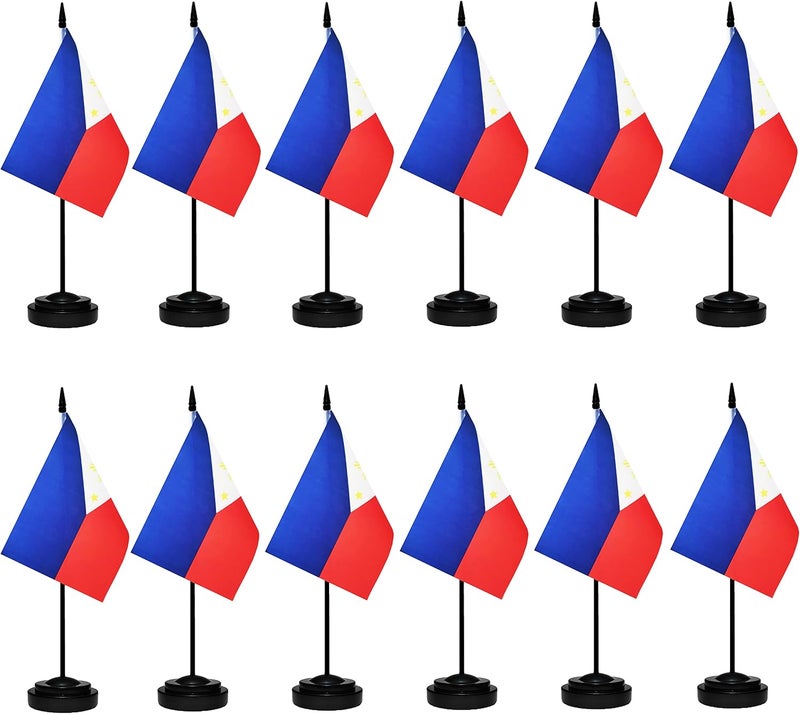 tibijoy Philippines Flags Filipino Desk Flags Set Small Mini Philippines Flags Table Flag with 13" Black Pole, Black Base and Spear Top, Miniature Philippine Deluxe Desktop Flag, Home Decoration, Office Decoration, Festival Celebrations(12 Pack ) - Image 1